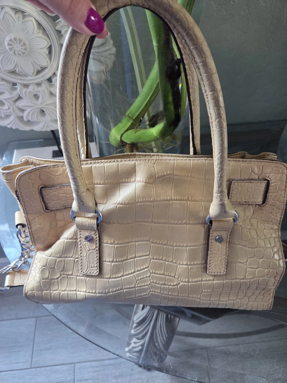 Michael Kors Beige Croc-Embossed Satchel with Silver Hardware